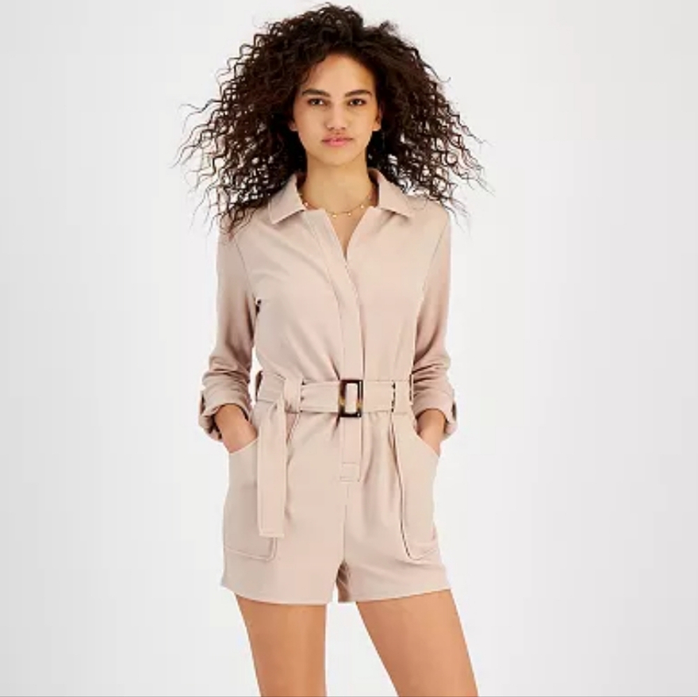 Bar III Women's Utility Romper Dusty Pink Pockets Belt L